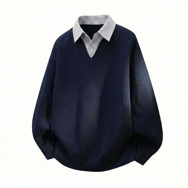 Unisex Oversized Sweater in Layered Look with Integrated Shirt Collar and V-Neck Hudson & Parker
