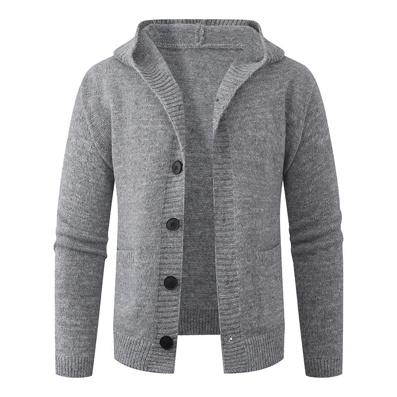 Men's hooded knitted cardigan made of thermal fine knit with a continuous button placket and side pockets Hudson & Parker