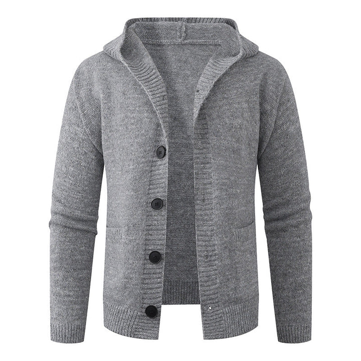 Men's hooded knitted cardigan made of thermal fine knit with a continuous button placket and side pockets Hudson & Parker