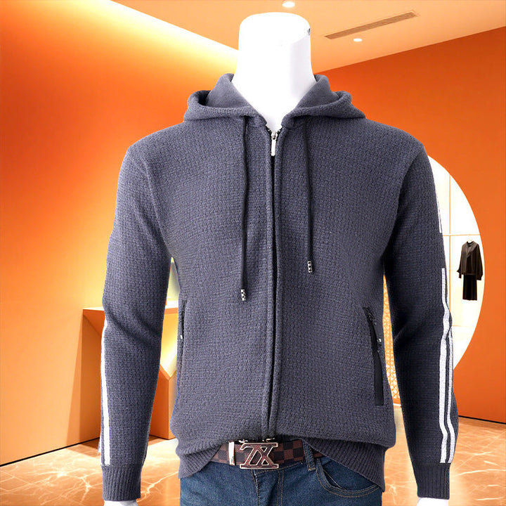 Men's hooded sweat jacket with zipper, textured knit, side pockets and contrast stripes Hudson & Parker