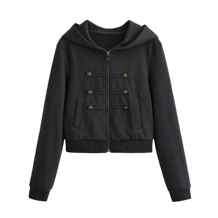 Women's Cropped Hooded Blouson in Military Look with Decorative Button Placket and Ribbed Hem Hudson & Parker