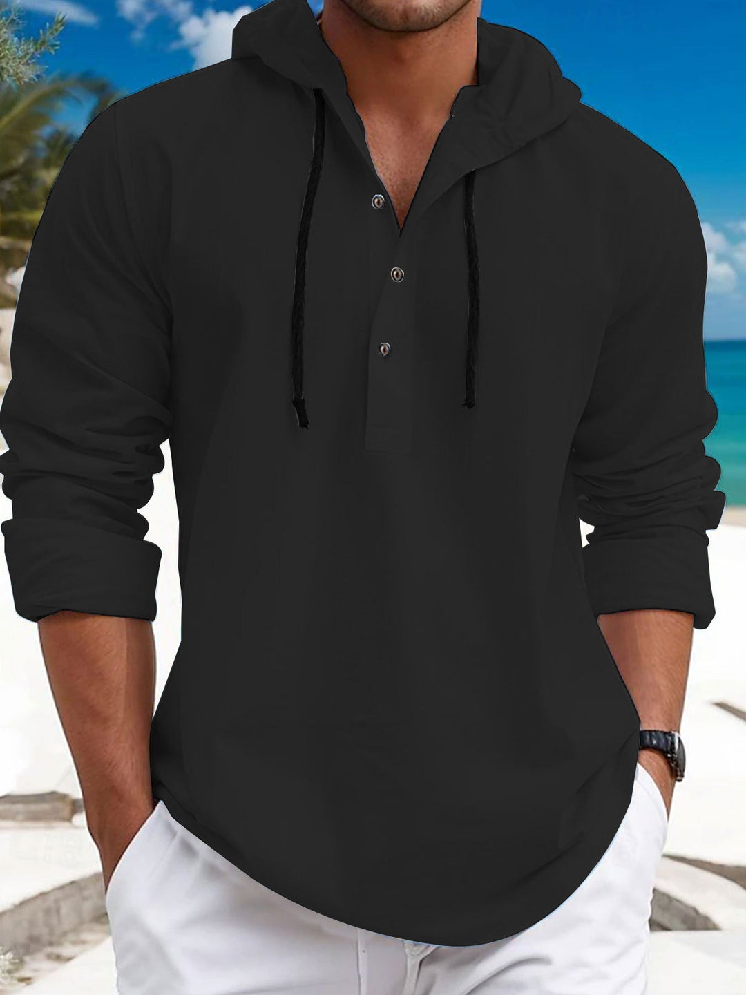 Men's summer hoodie henley with hidden button placket, drawstring and rounded hem Hudson & Parker