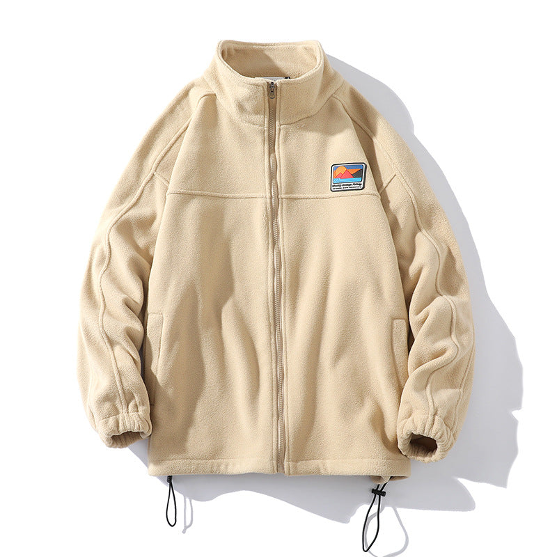 Men's fleece jacket with stand-up collar, full zip, elastic drawstring, and badge patch Hudson & Parker