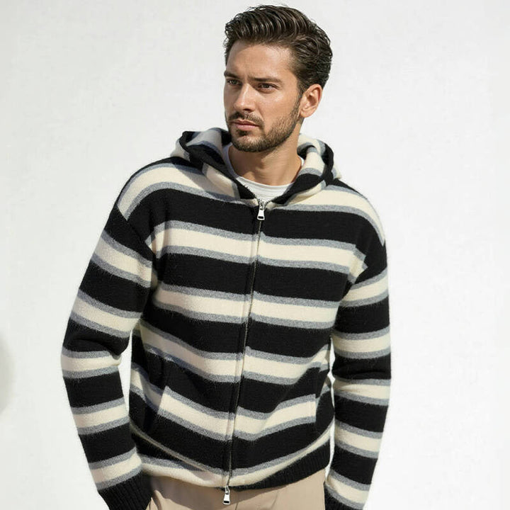 Men's Striped Knit Hoodie with Full Zipper and Ribbed Cuffs Hudson & Parker