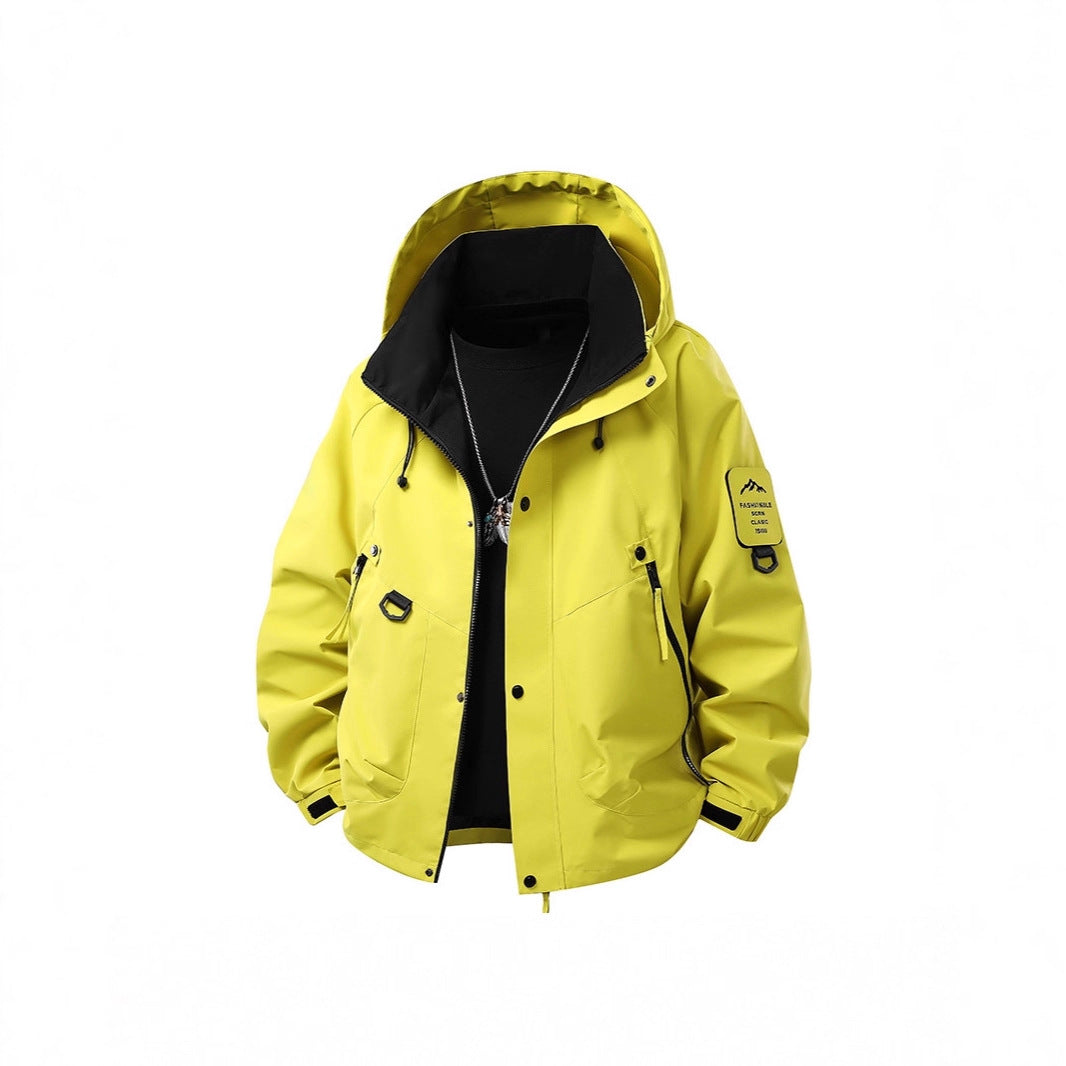 Men's waterproof outdoor utility rain jacket with hood, multiple pockets and adjustable hem Hudson & Parker