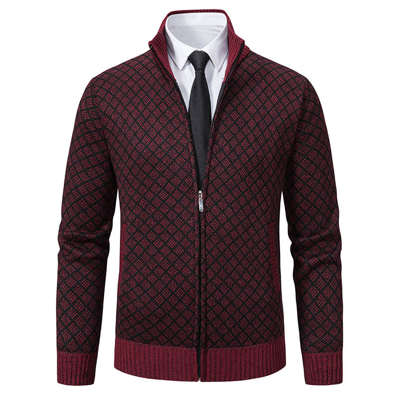 Men's Patterned Knit Zip Jacket with Stand-Up Collar, Jacquard Pattern and Ribbed Cuffs Hudson & Parker