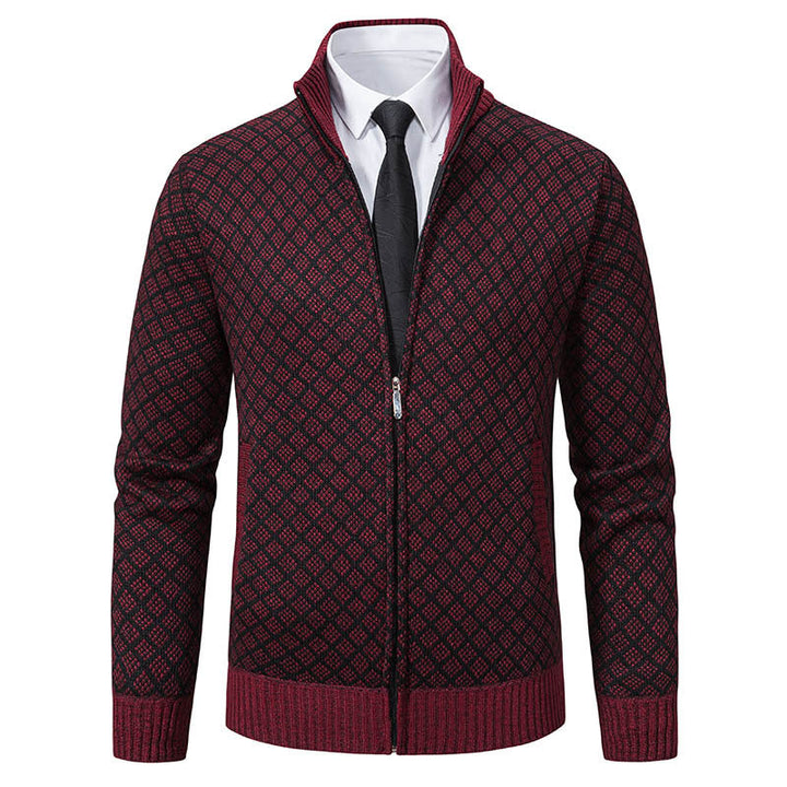 Men's Patterned Knit Zip Jacket with Stand-Up Collar, Jacquard Pattern and Ribbed Cuffs Hudson & Parker