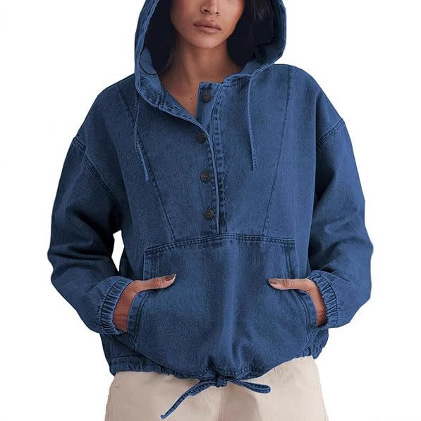 Women's denim hoodie with half button placket, kangaroo pocket, and drawstring hem Hudson & Parker