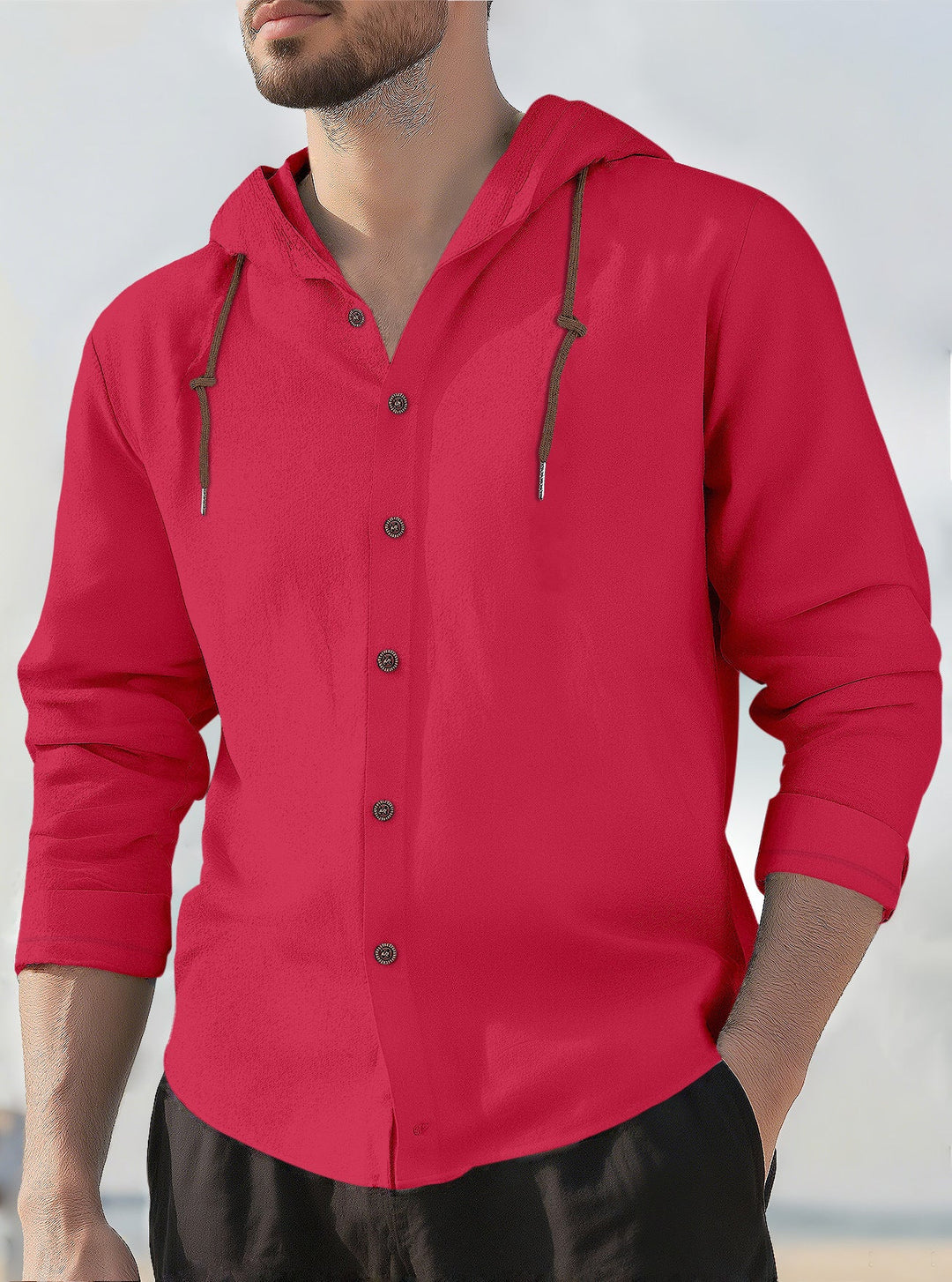 Men's textured linen blend hooded shirt with button placket, wood buttons, and side slits Hudson & Parker
