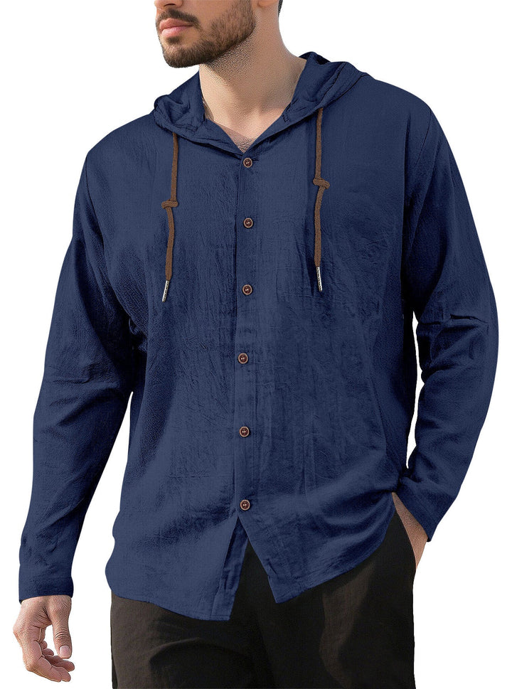 Men's textured linen blend hooded shirt with button placket, wood buttons, and side slits Hudson & Parker