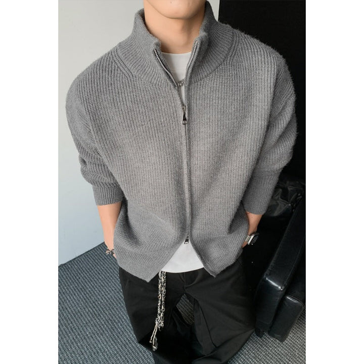 Men's chunky knit zip jacket with stand-up collar and straight oversized fit Hudson & Parker