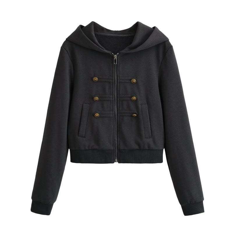 Women's Cropped Hooded Blouson in Military Look with Decorative Button Placket and Ribbed Hem Hudson & Parker