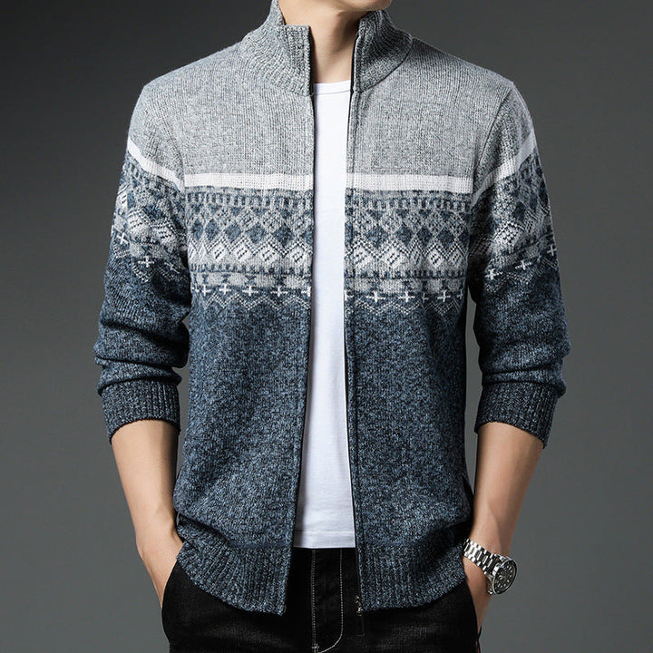 Men's Norwegian Pattern Cardigan with Full Zip and Stand-Up Collar Hudson & Parker