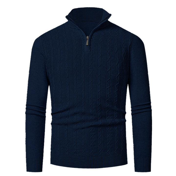 Men's Slim Fit Half-Zip Structured Pullover made of Merino Blend with Cable Knit Pattern and Stand-Up Collar Hudson & Parker