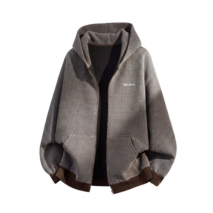 Unisex Oversize Hoodie Zipper Jacket with Houndstooth Pattern and Ribbed Cuffs Hudson & Parker