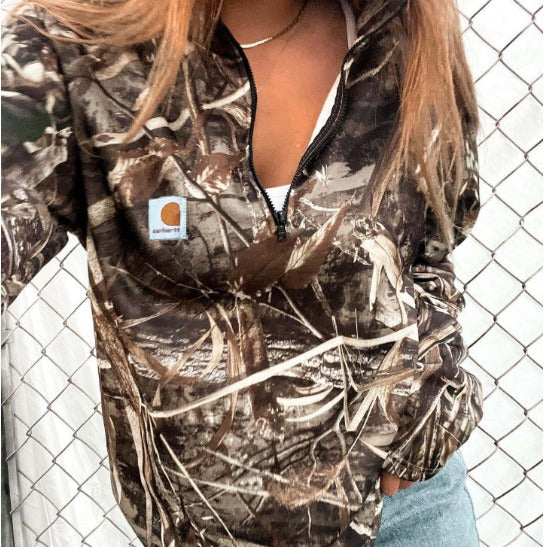 Women Camouflage Half-Zip Fleece Sweatshirt with Hood and Kangaroo Pocket Hudson & Parker