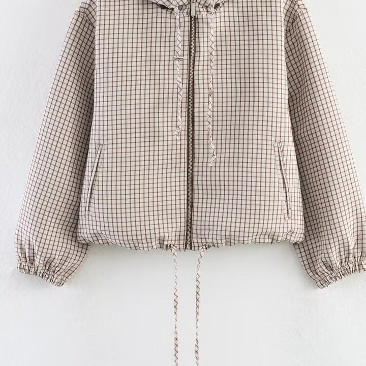 Women Short Cut Checkered Hoodie with Zip and Drawstring Hem Hudson & Parker