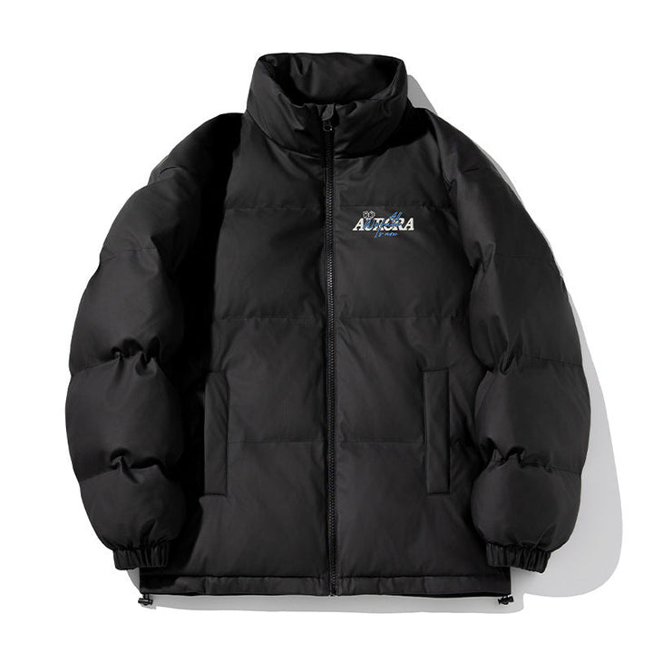 Unisex Insulated Puffer Jacket in minimalist boxy cut with high stand-up collar, concealed zipper, and drawstring hem Hudson & Parker