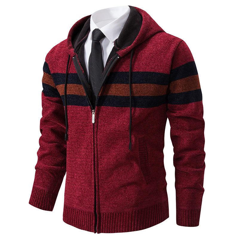 Men's Knitted Hooded Cardigan with Contrast Stripes and Zipper Hudson & Parker
