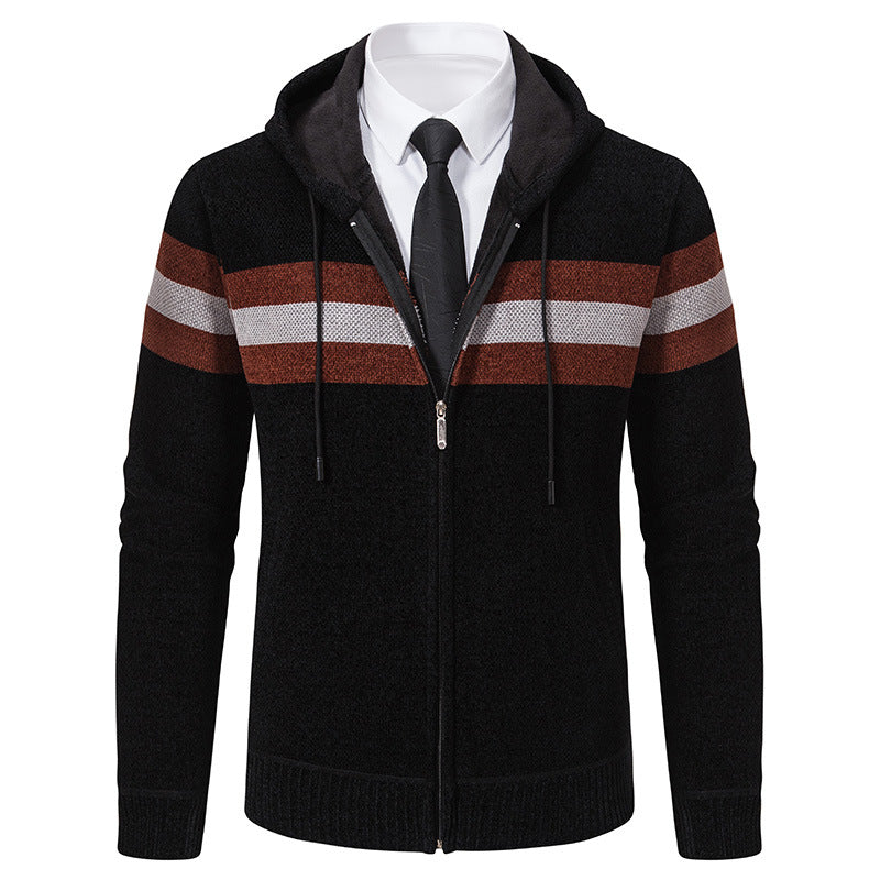 Men's Knitted Hooded Cardigan with Contrast Stripes and Zipper Hudson & Parker