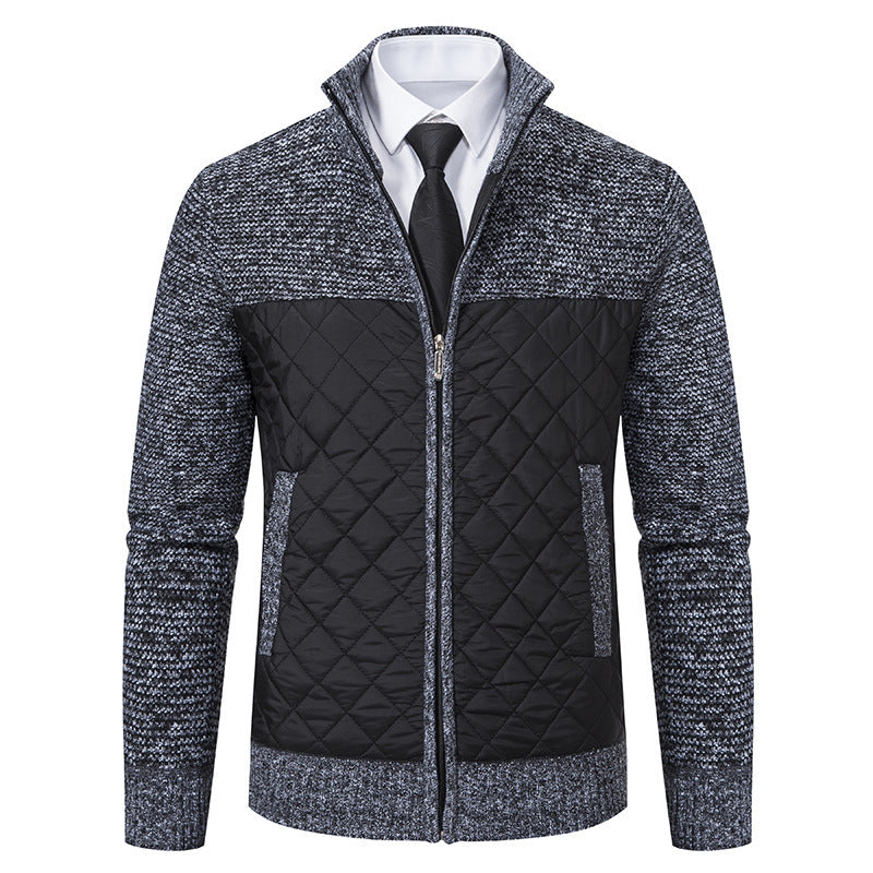 Men's hybrid knit jacket with quilted front panel, stand collar, and full zip Hudson & Parker