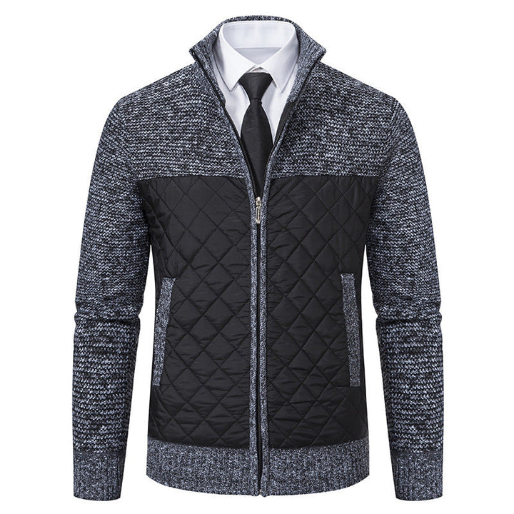 Men's hybrid knit jacket with quilted front panel, stand collar, and full zip Hudson & Parker