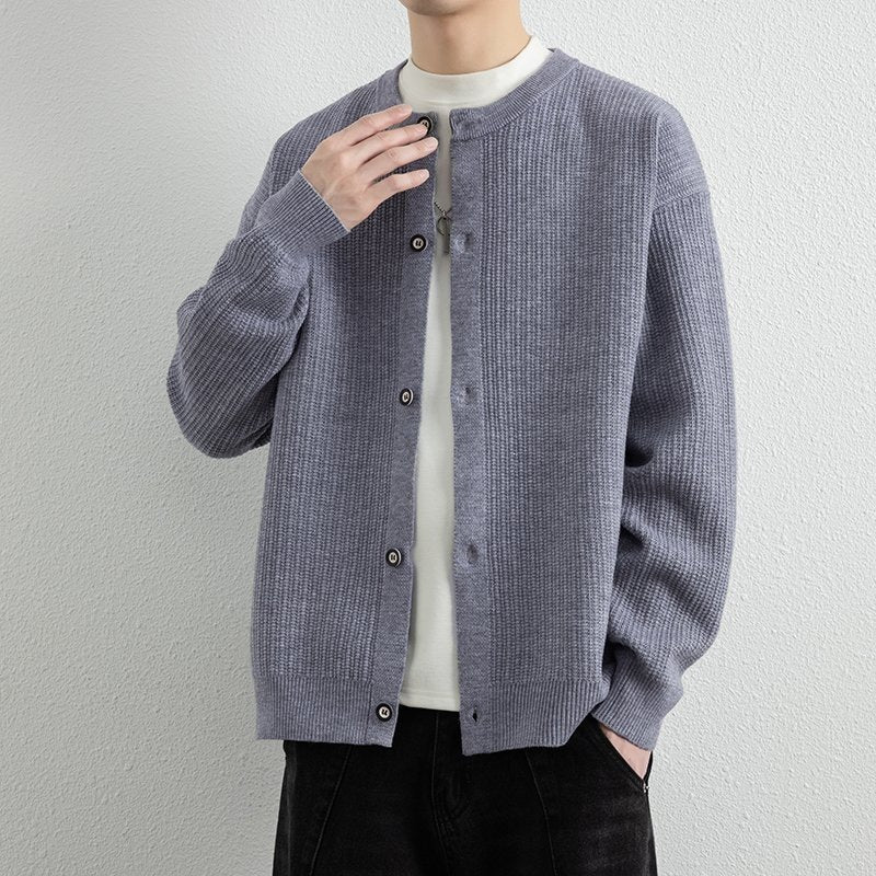 Men's Loose-Fit Structured Knit Cardigan with Round Neck and Button Placket Hudson & Parker