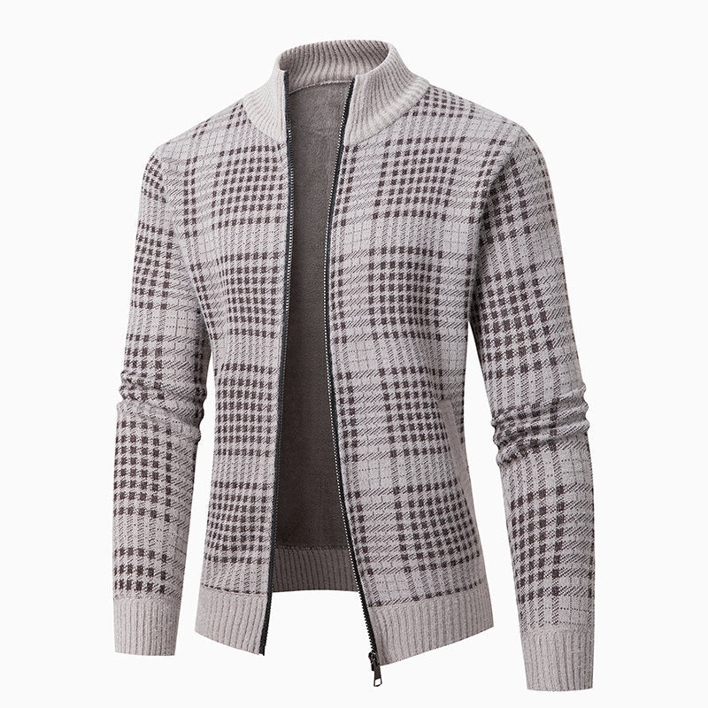 Men's fine knit zip cardigan with glencheck pattern, stand-up collar and two-way zipper Hudson & Parker