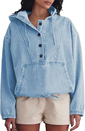 Women's denim hoodie with half button placket, kangaroo pocket, and drawstring hem Hudson & Parker