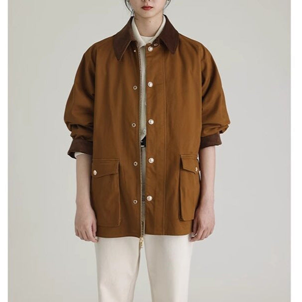 Men's short field coat with cord collar, snap button placket and patch pockets.