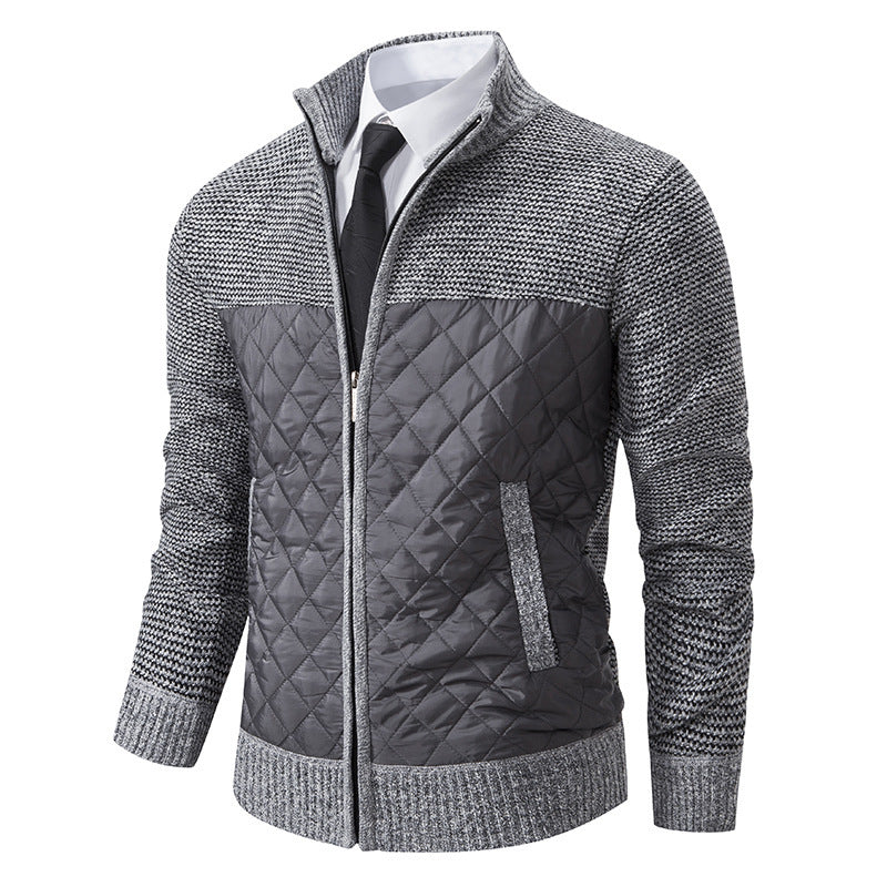 Men's hybrid knit jacket with quilted front panel, stand collar, and full zip Hudson & Parker