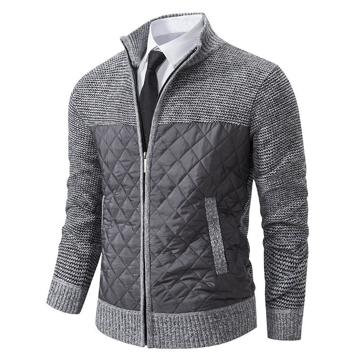 Men's hybrid knit jacket with quilted front panel, stand collar, and full zip Hudson & Parker