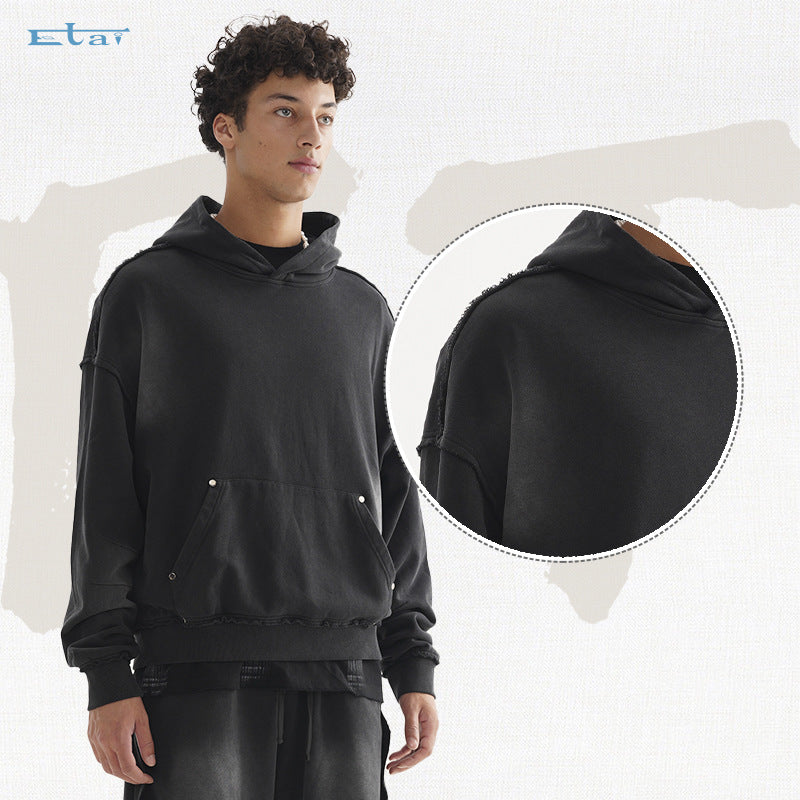 Unisex Oversized Hoodie with Frayed Hem, Kangaroo Pocket and Washed Bleach Effect Hudson & Parker