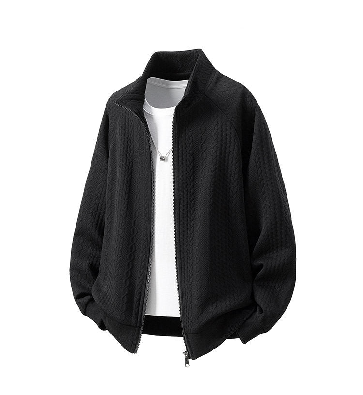 Men's Chunky Knit Zip Cardigan with Stand-Up Collar and Cable Pattern Hudson & Parker
