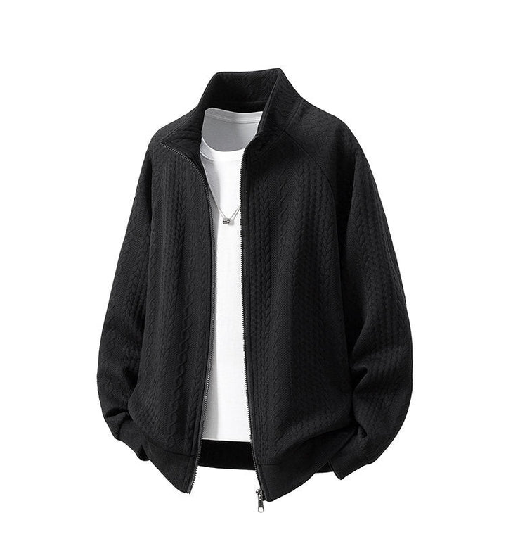 Men's Chunky Knit Zip Cardigan with Stand-Up Collar and Cable Pattern Hudson & Parker