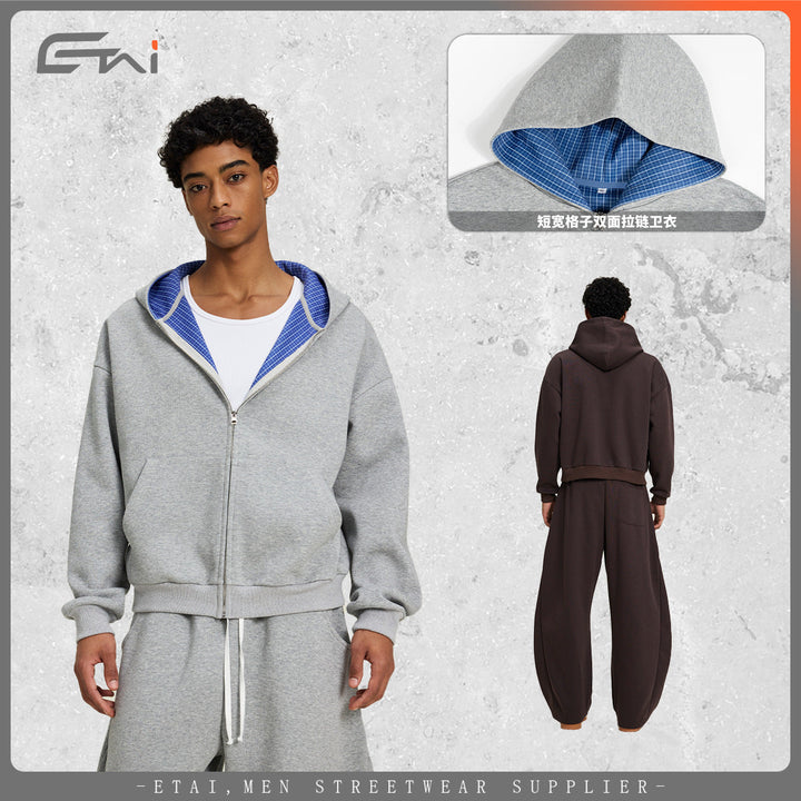 Unisex Zip Hoodie with plaid hood lining and boxy oversized fit Hudson & Parker