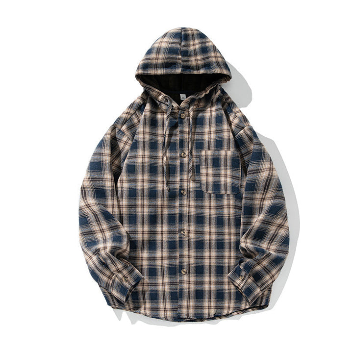 Unisex Oversized Hooded Flannel Shirt with Checkered Pattern, Continuous Button Placket and Breast Pocket Hudson & Parker