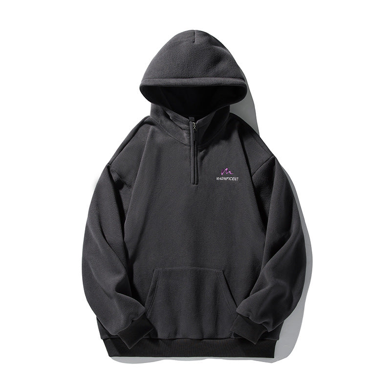 Unisex Fleece-Halfzip-Hoodie with Kangaroo Pocket and Ribbed Hem Hudson & Parker