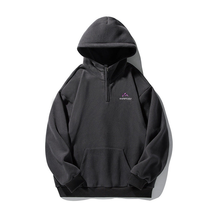 Unisex Fleece-Halfzip-Hoodie with Kangaroo Pocket and Ribbed Hem Hudson & Parker