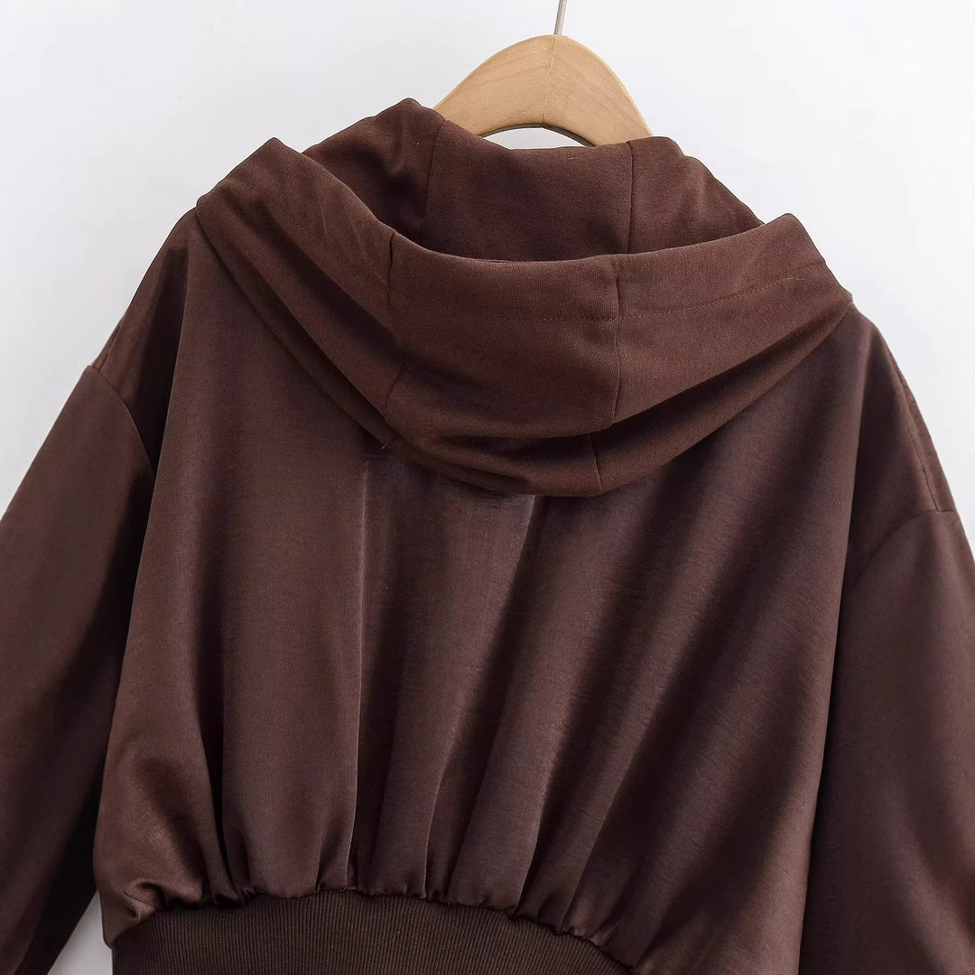 Women's Cropped Hooded Jacket with Zipper, Oversized Sleeves and Wide Ribbed Hem Hudson & Parker