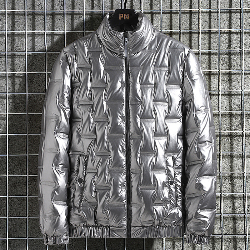 Men's Shiny Quilted Jacket with Geometric Quilting and Stand-up Collar Hudson & Parker