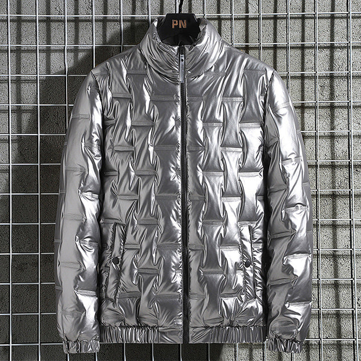 Men's Shiny Quilted Jacket with Geometric Quilting and Stand-up Collar Hudson & Parker