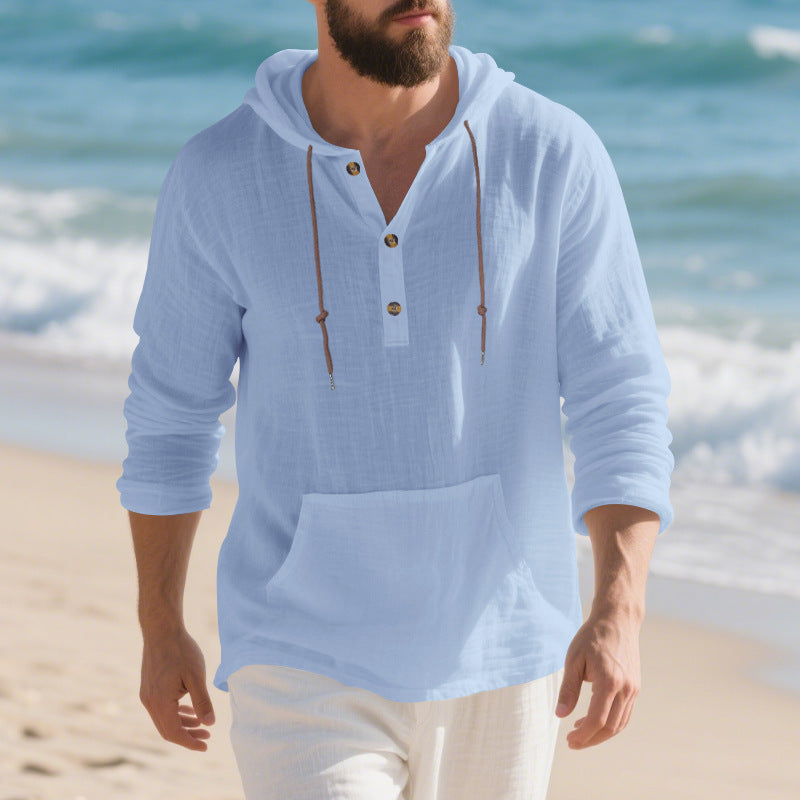 Men's lightweight hooded henley made of linen- blend with kangaroo pocket and button placket Hudson & Parker