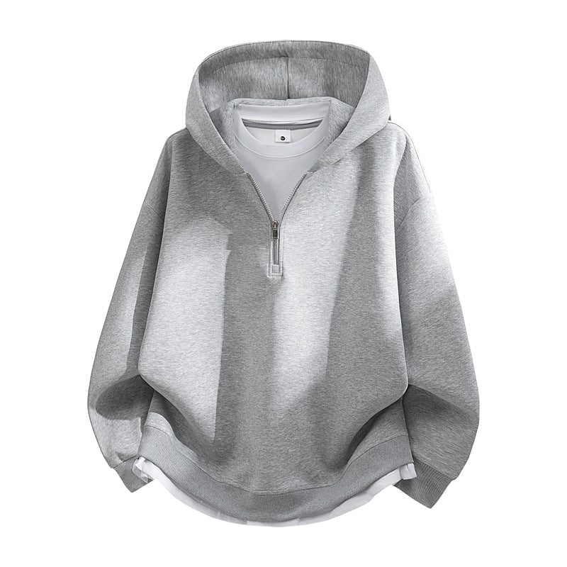 Unisex Oversize-Halfzip-Hooded Sweatshirt with Layered Look, Rounded Hem & Ribbed Cuffs Hudson & Parker