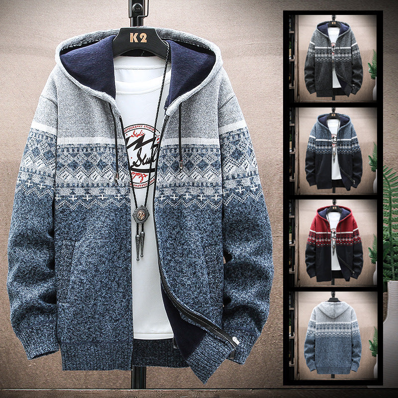 Men's Hooded Knitted Zip Jacket with Norwegian Jacquard and Soft Lining Hudson & Parker