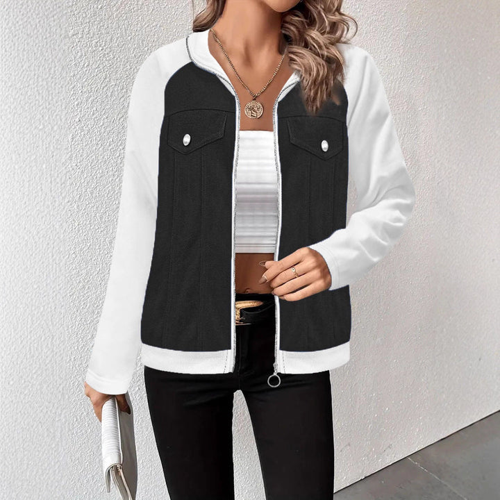 Women's Hooded Sweat Jacket with Denim Look Front, Chest Pockets and Zipper Hudson & Parker Fashion