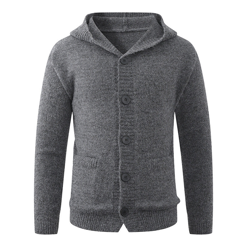 Men's hooded knitted cardigan made of thermal fine knit with a continuous button placket and side pockets Hudson & Parker