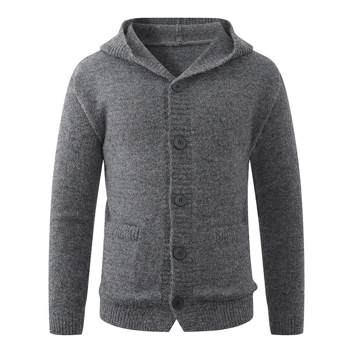 Men's hooded knitted cardigan made of thermal fine knit with a continuous button placket and side pockets Hudson & Parker