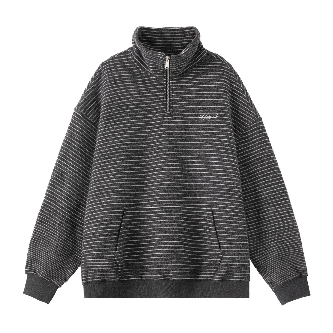 Unisex Oversize-Halfzip-Sweatshirt in fine striped terry with stand-up collar and kangaroo pocket Hudson & Parker