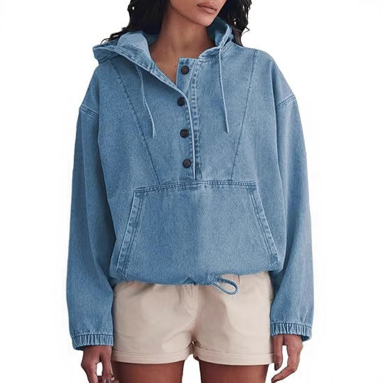 Women's denim hoodie with half button placket, kangaroo pocket, and drawstring hem Hudson & Parker